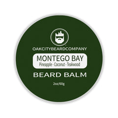 Oak City Beard Company Montego Bay beard balm packaging showcasing travel-friendly 2oz tin.