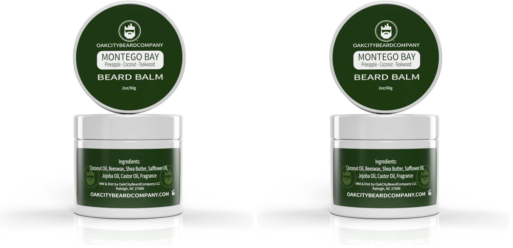 Oak City Beard Company Montego Bay beard balm with pineapple coconut teakwood fragrance for healthy shine.