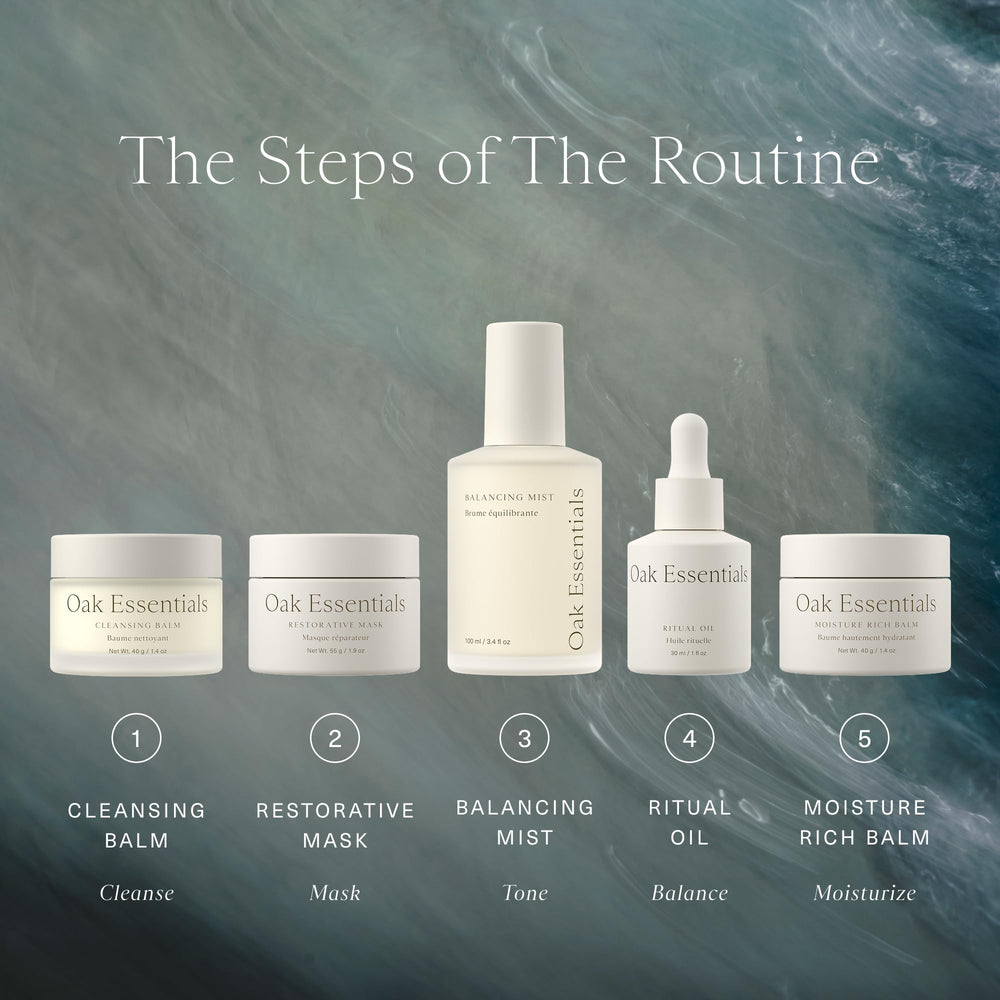 Oak Essentials at home facial kit display highlighting a complete routine for daily use