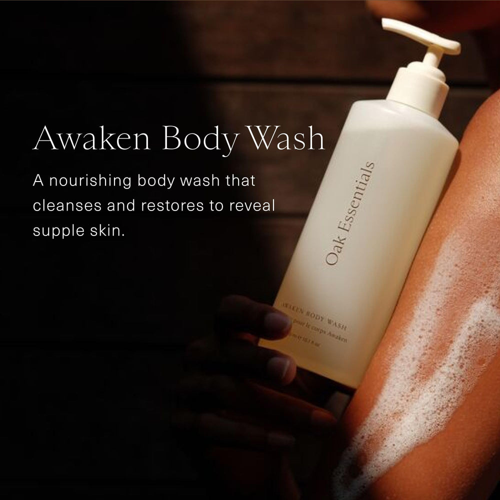 Oak Essentials Awaken Body Wash with cedarwood oil offering a spa-like uplifting aroma