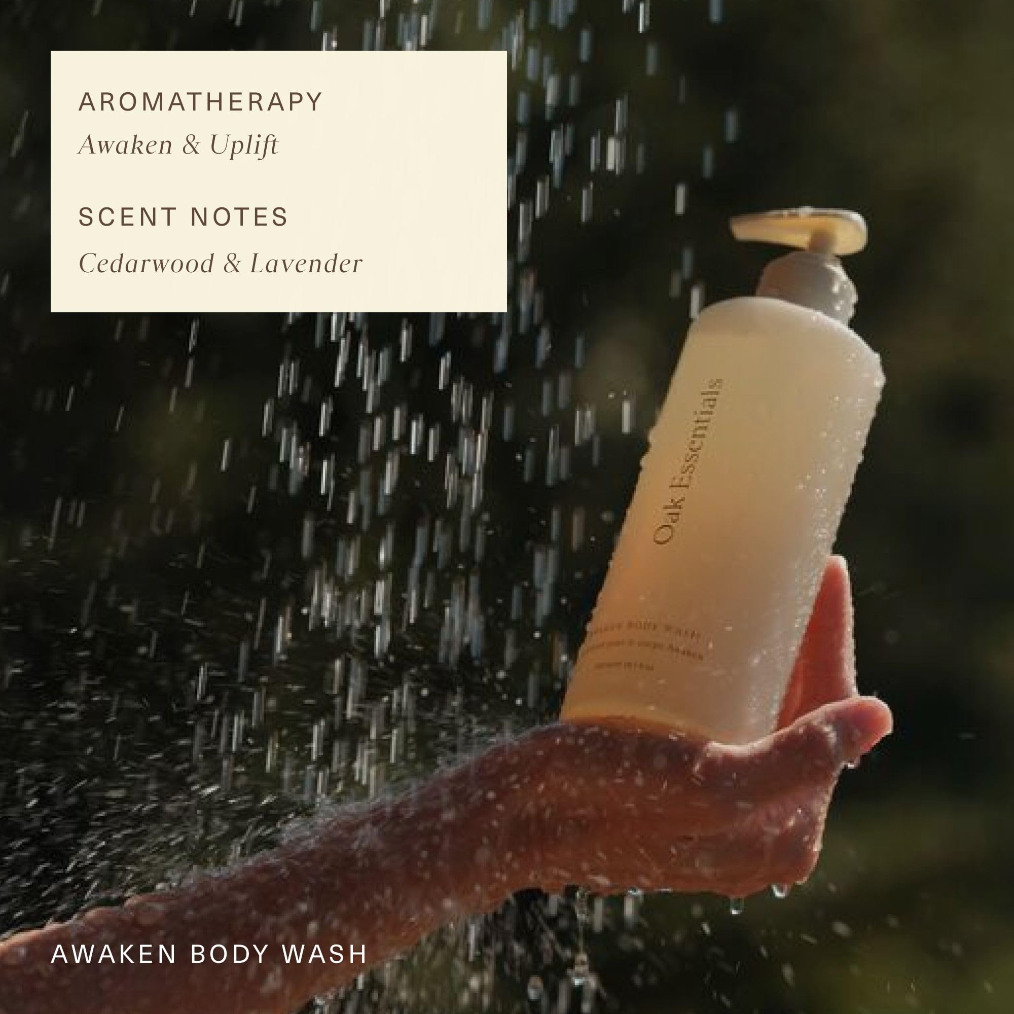 Oak Essentials Awaken packaging highlighting clean ingredients and cruelty-free formula