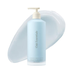 Oak Essentials Luminous Body Lotion bottle shows luxurious hydration for radiant skin.
