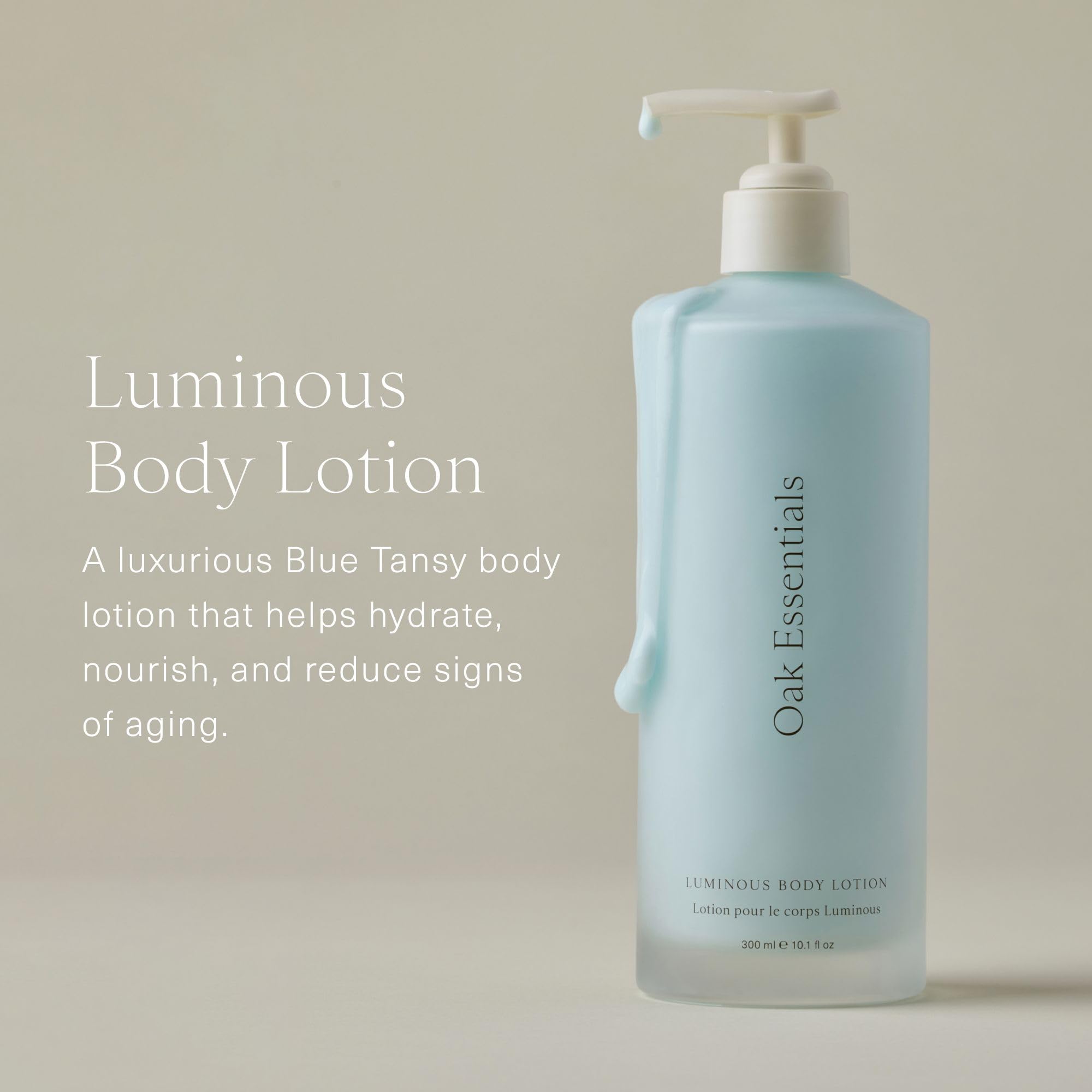 Oak Essentials Luminous Body Lotion cap closeup, premium packaging for a spa-like experience.