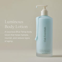 Oak Essentials Luminous Body Lotion cap closeup, premium packaging for a spa-like experience.
