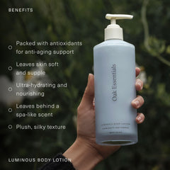 Oak Essentials Luminous Body Lotion rose oil drops highlight rich hydration.