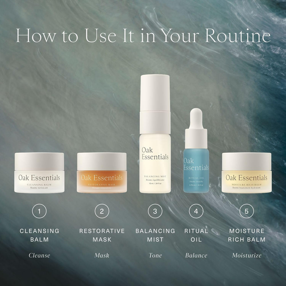 Oak Essentials mini routine travel kit image positioned for on-the-go skincare.