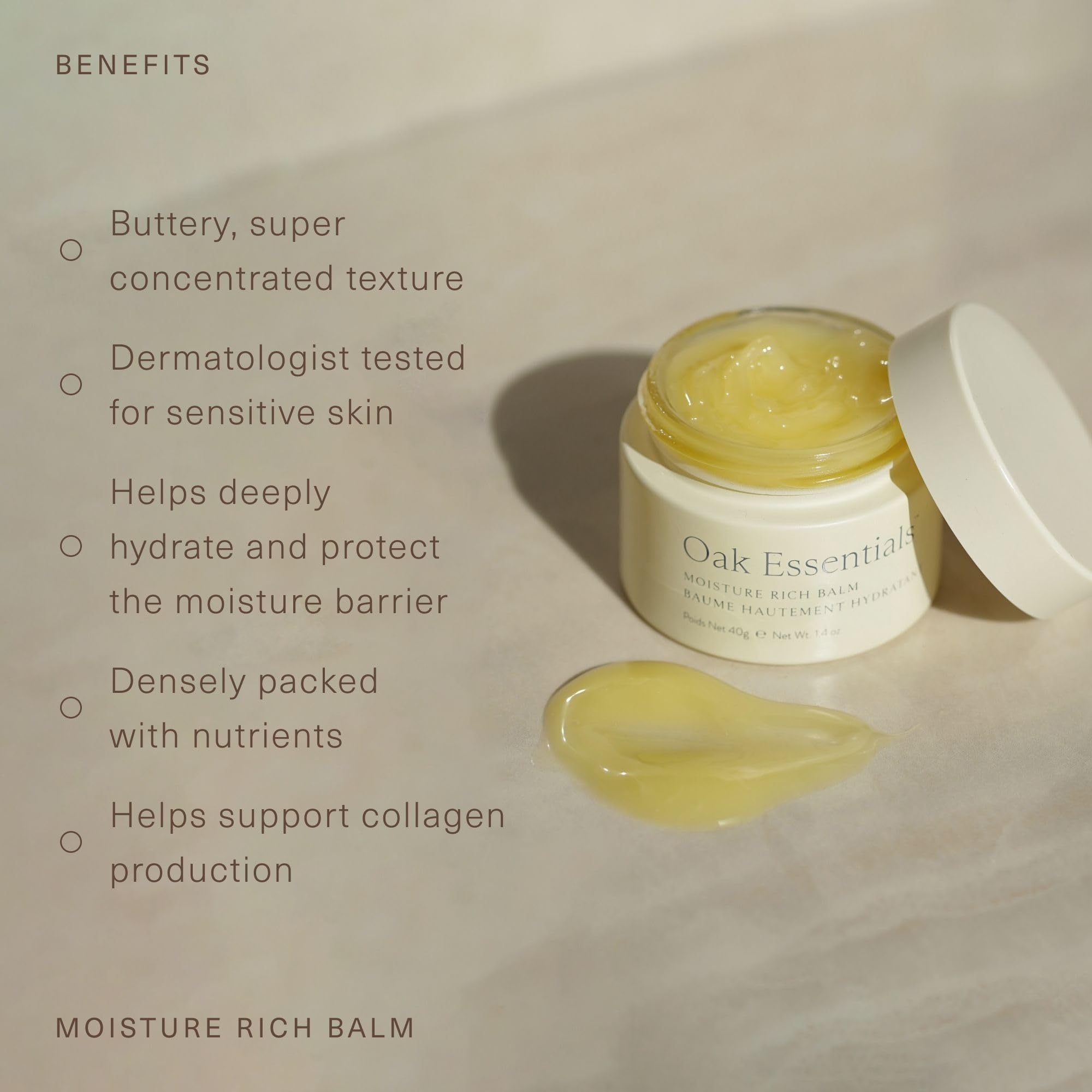 Oak Essentials Moisture Rich Balm melts into nourishing oil on skin.