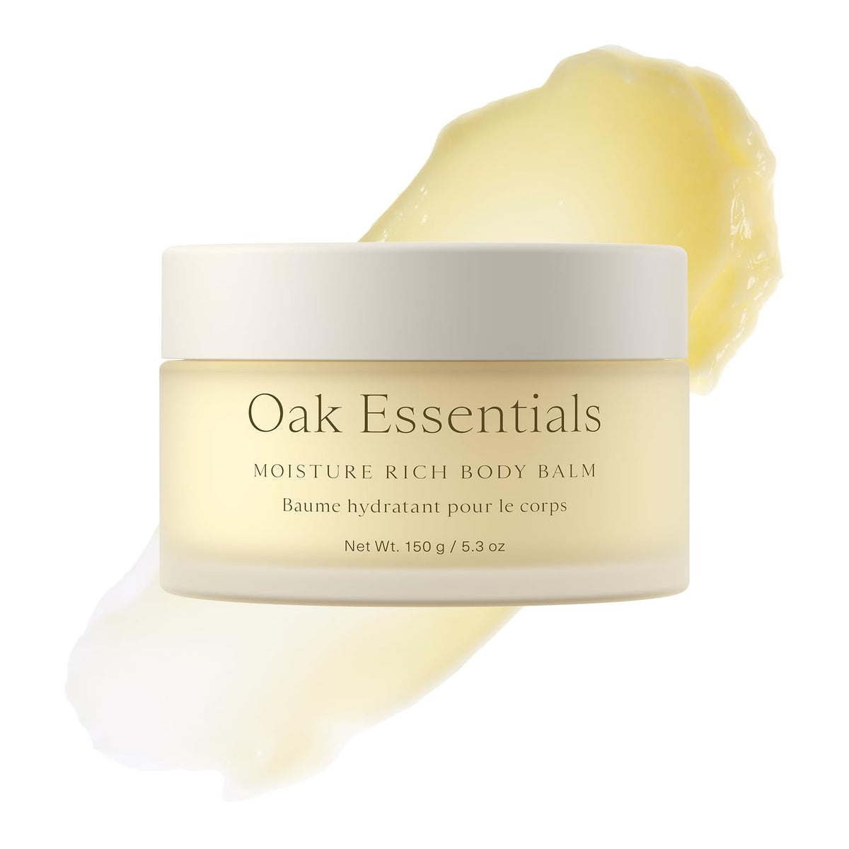 Oak Essentials Moisture Rich Body Balm jar showing rich texture and hydration.
