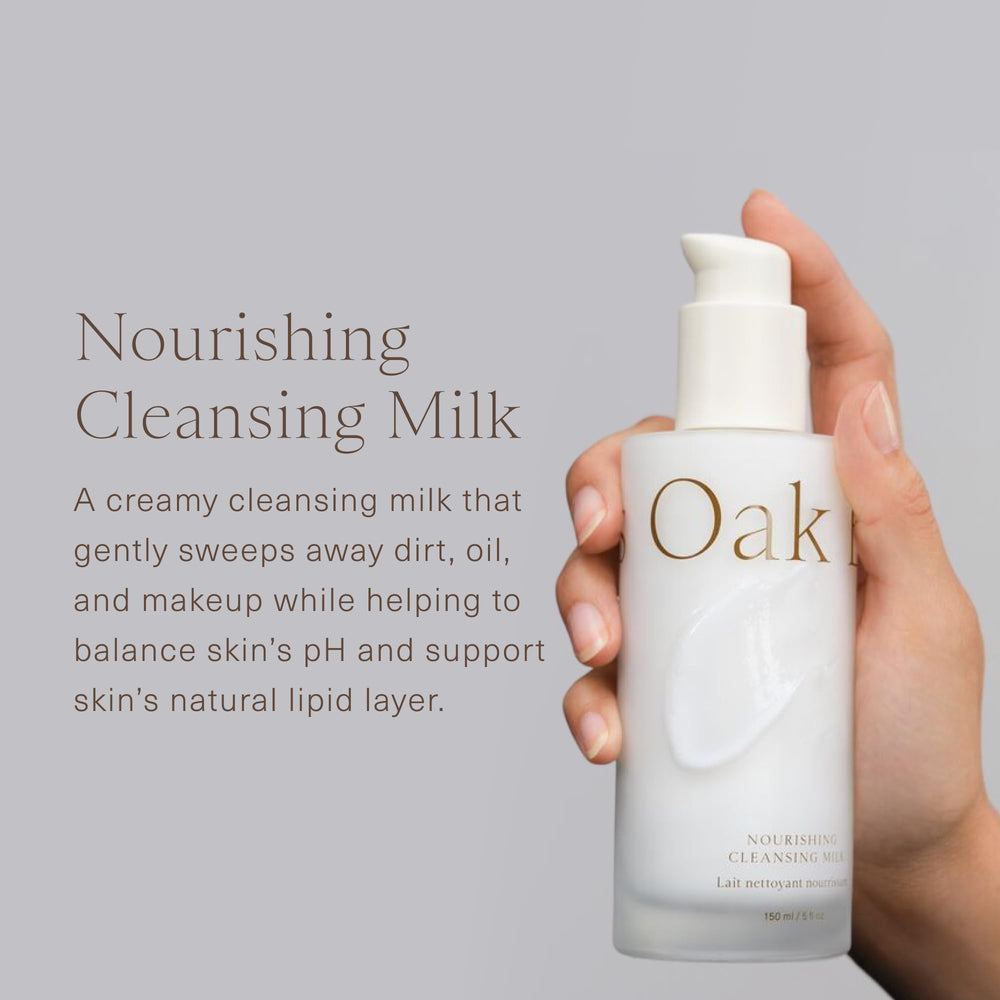Oak Essentials Nourishing Cleansing Milk being massaged to remove makeup softly.