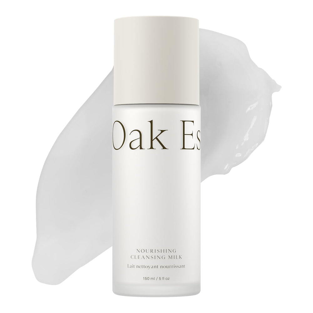 Oak Essentials Nourishing Cleansing Milk bottle shown for gentle cleansing on sensitive skin.