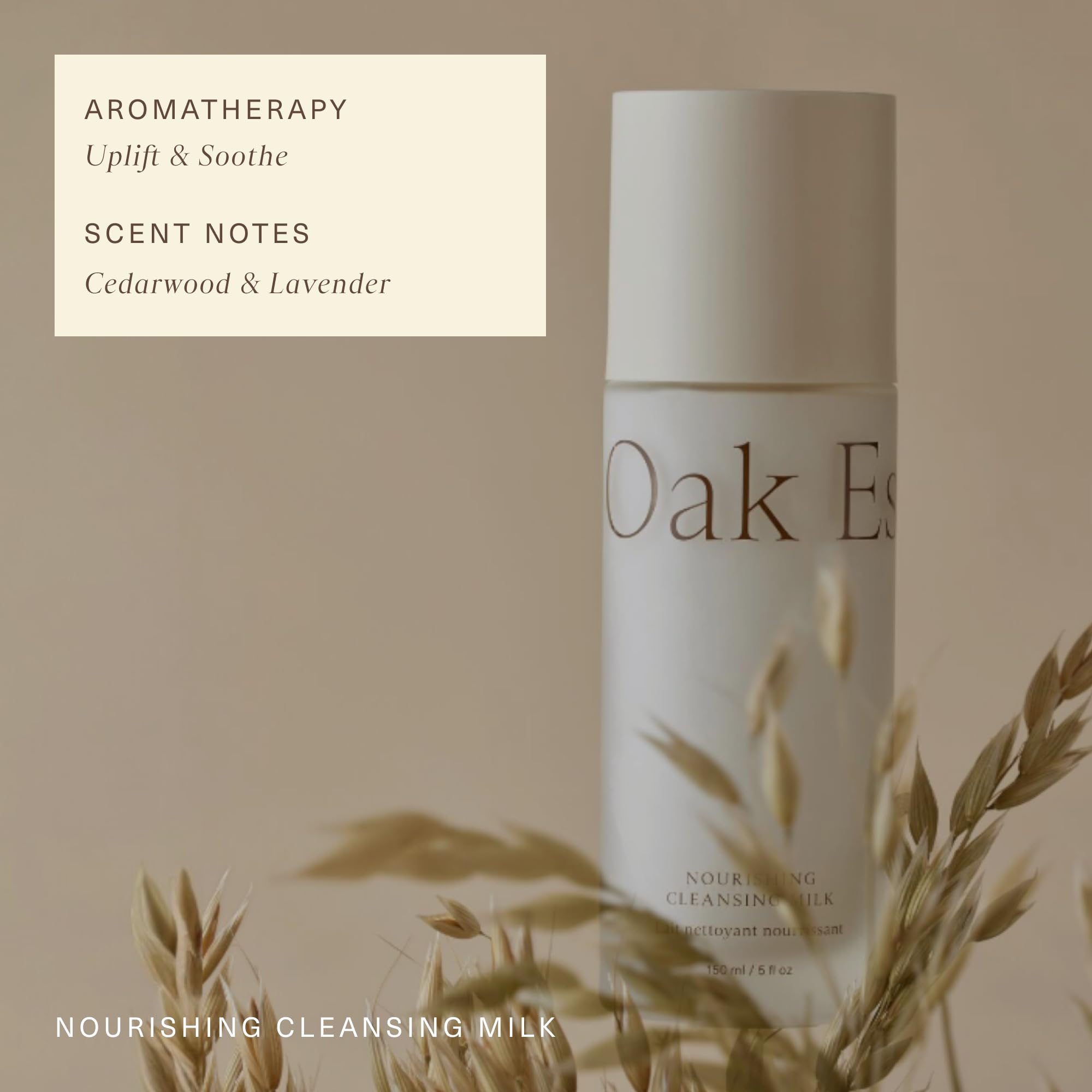 Oak Essentials Nourishing Cleansing Milk bottle packaging with protective cap.