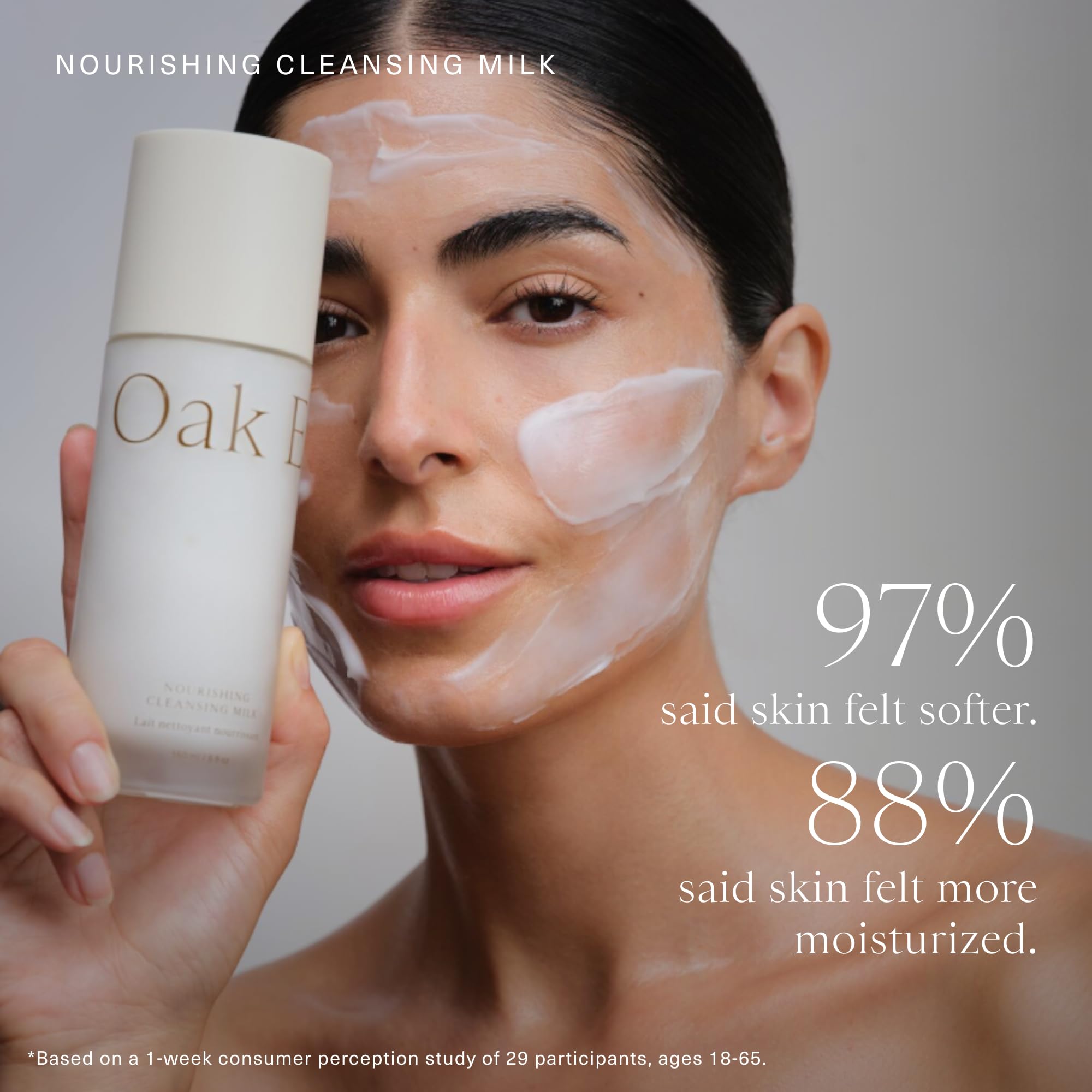 Oak Essentials cleansing milk highlights rice bran as a key nourishing ingredient.