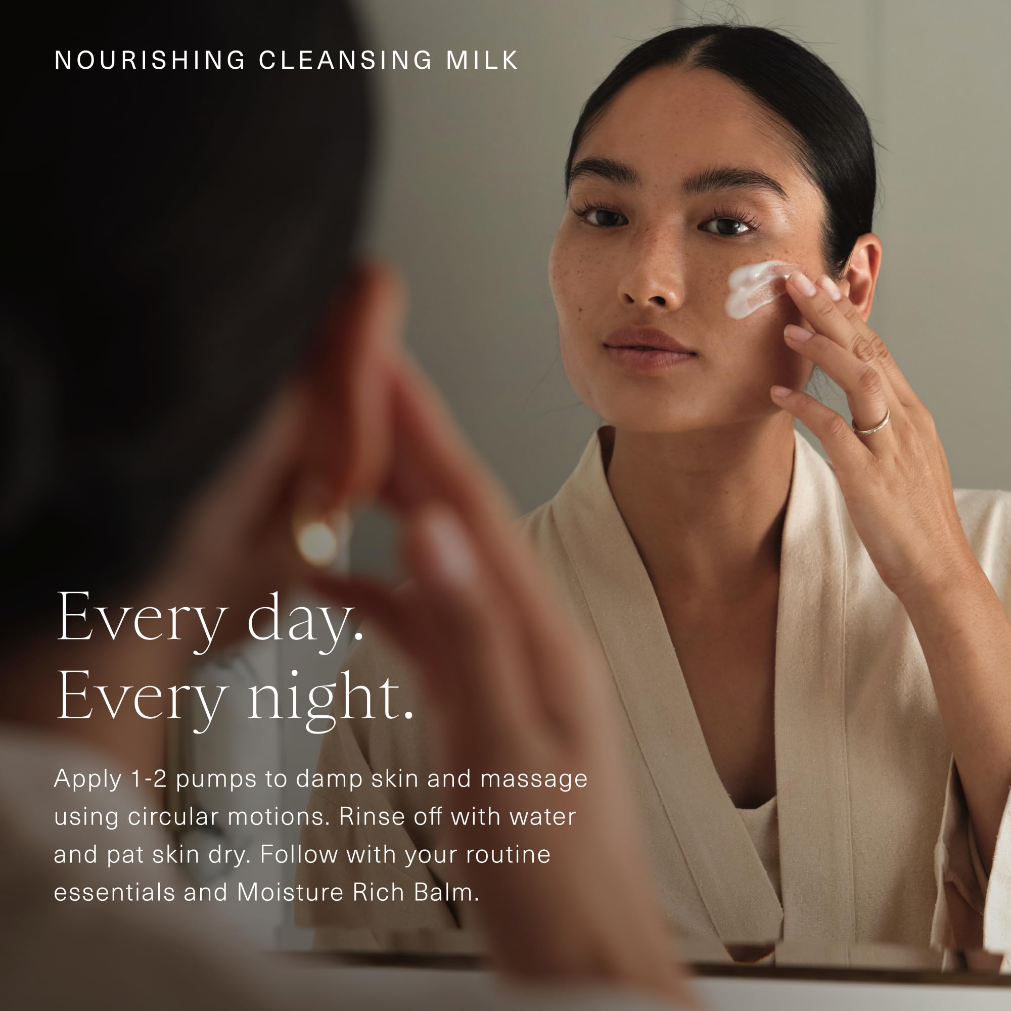 Oak Essentials Nourishing Cleansing Milk emphasizes soothing oat amino acids in use.