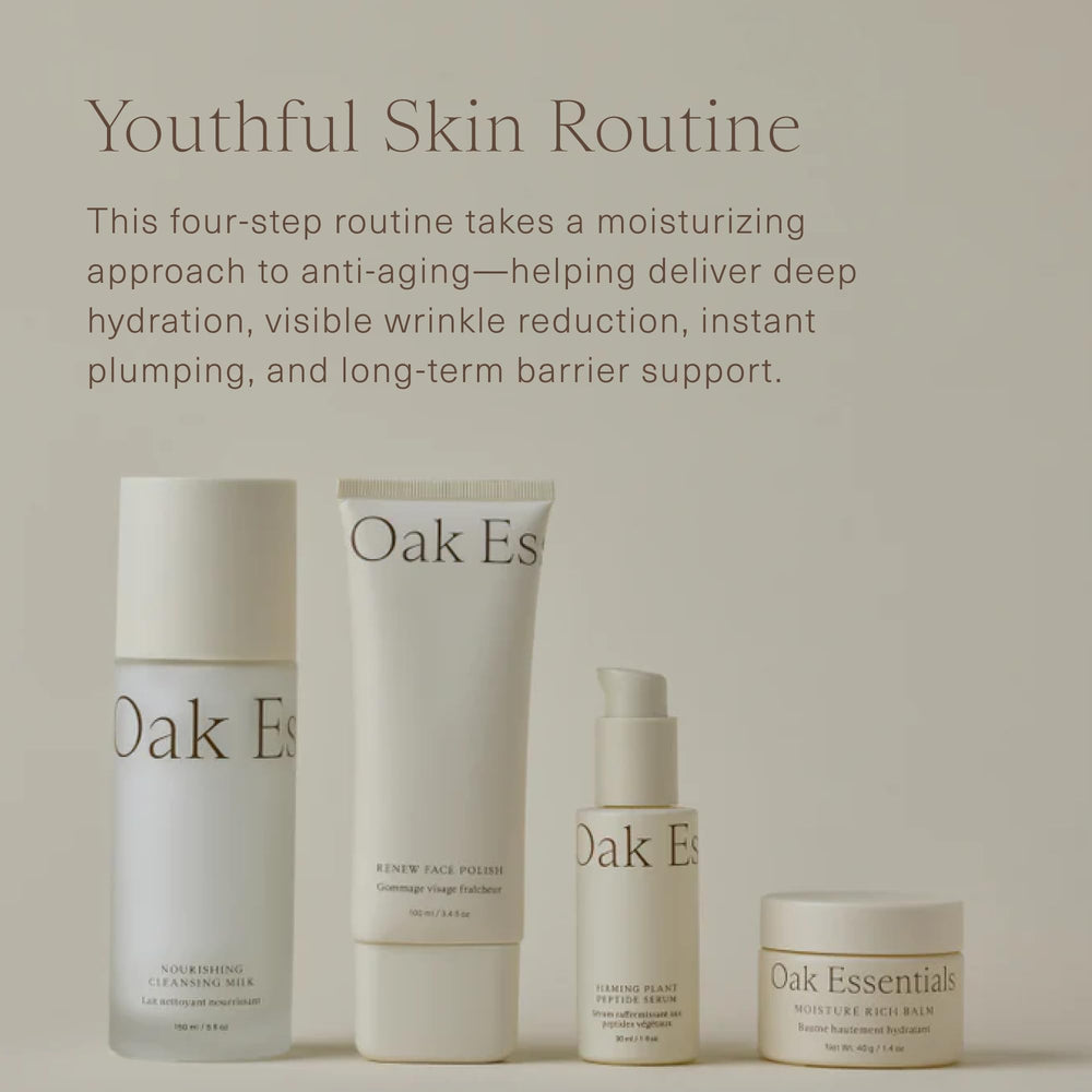 Oak Essentials renew face polish jar, exfoliating beads refine texture.
