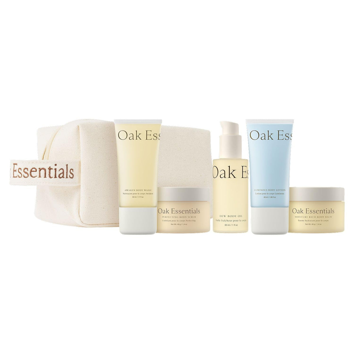 Oak Essentials travel bag with linen collection for on-the-go skincare.