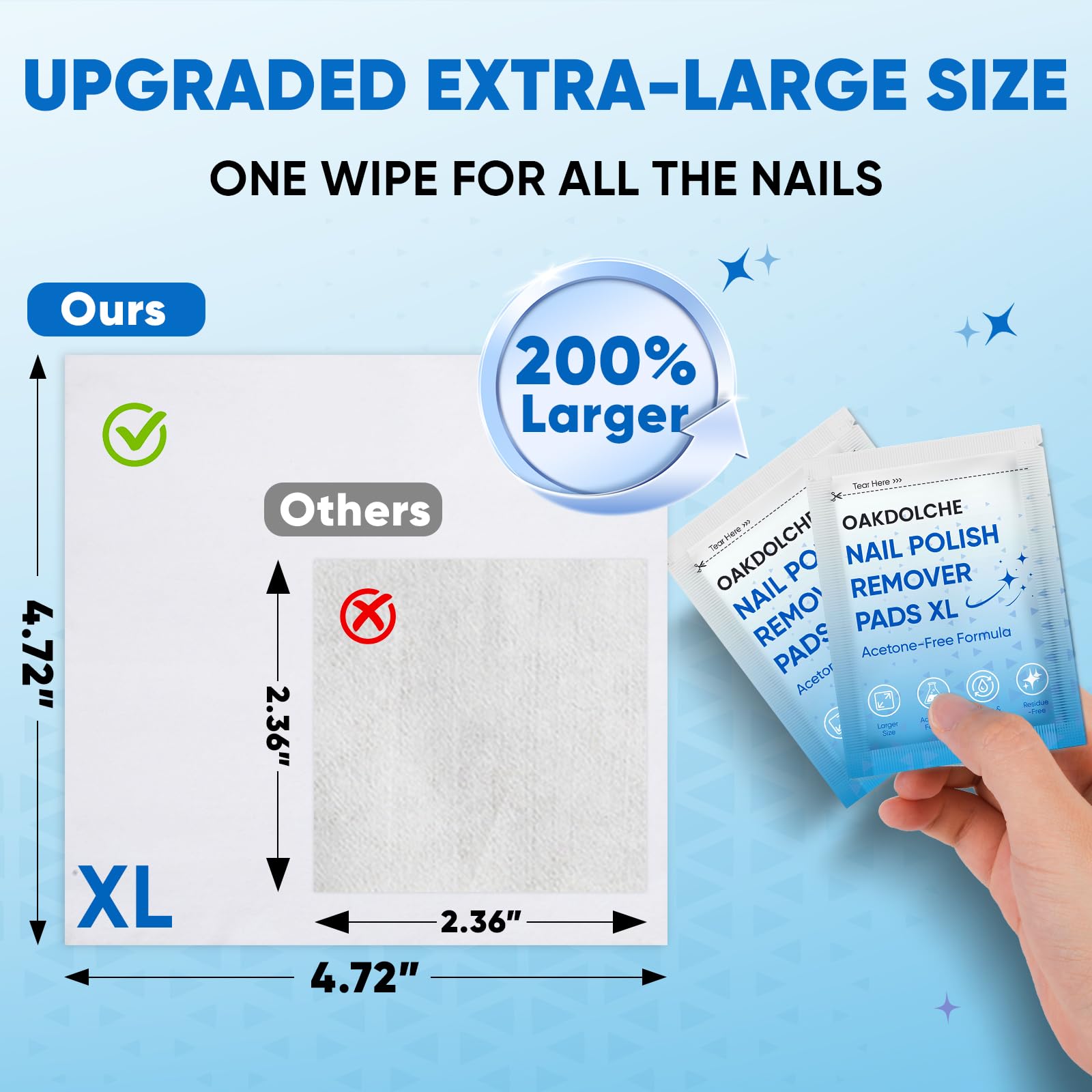 Close-up of acetone-free remover wipes by OAKDOLCHE suitable for sensitive skin.