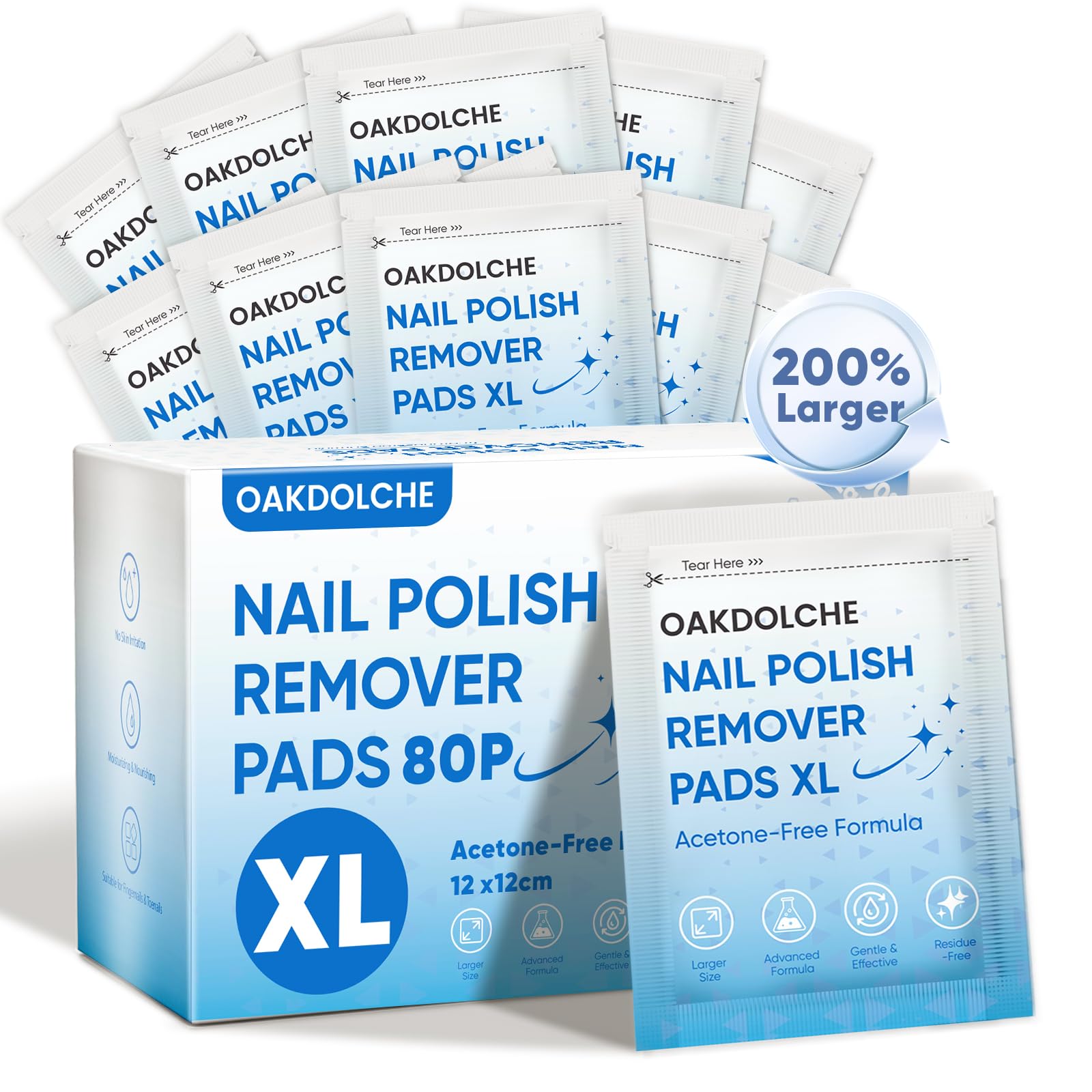 OAKDOLCHE packaging front view showing extra-large nail remover pads for home or salon use.