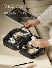 Oaque clear cosmetic bag open reveals four compartments for cosmetics and toiletries.