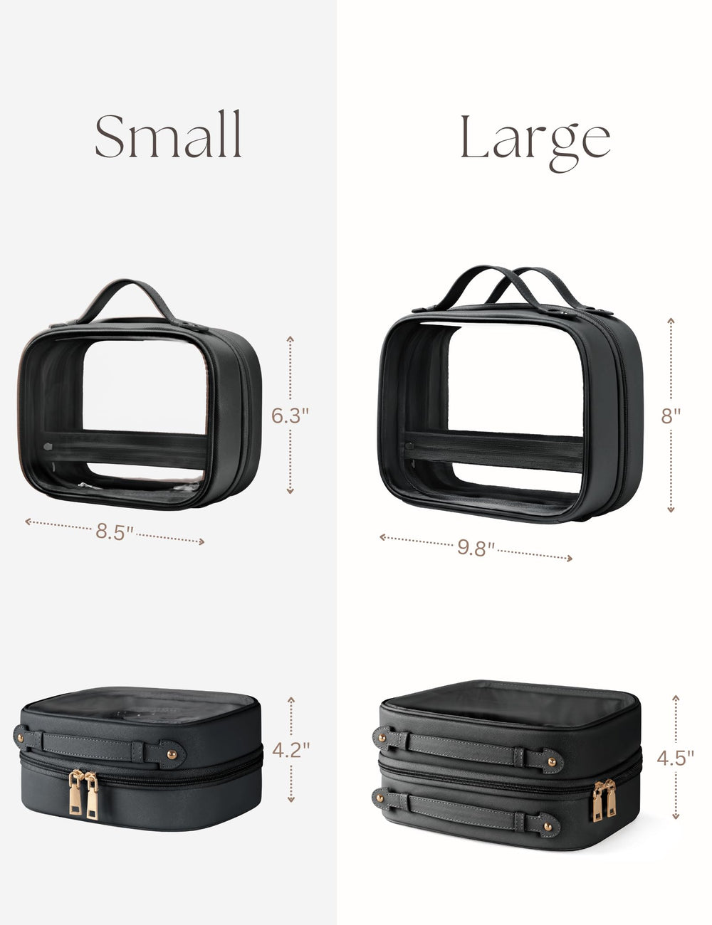 Oaque clear cosmetic bag interior layout highlights separate storage areas.