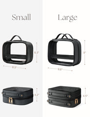 Oaque clear cosmetic bag interior layout highlights separate storage areas.