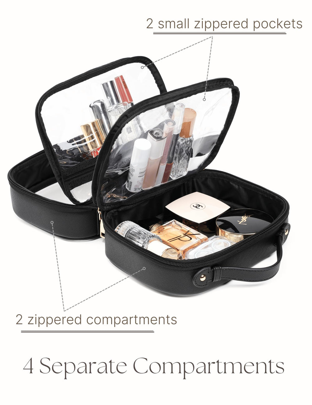 Oaque clear cosmetic bag side zipper detail for durable, easy access.