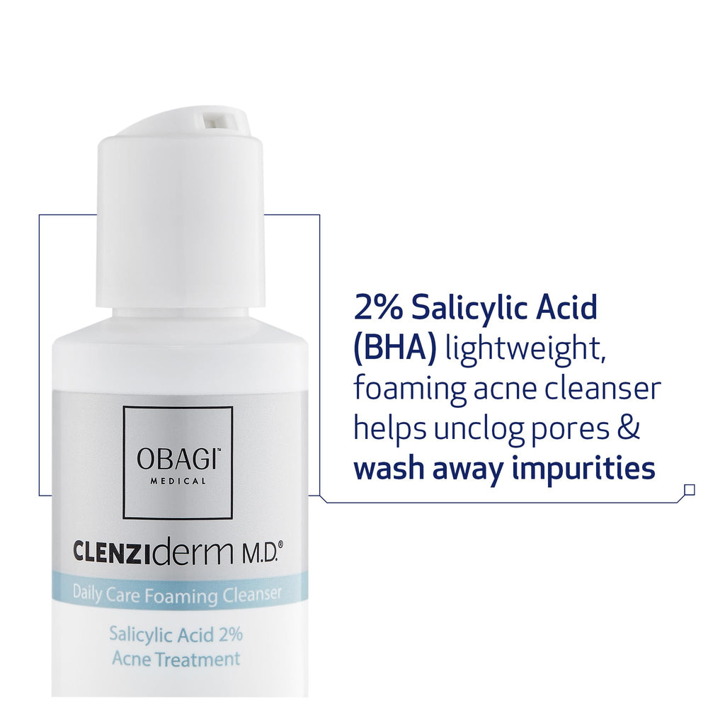Obagi CLENZIderm M.D. Daily Care Foaming Cleanser bottle back view with 2 percent salicylic acid