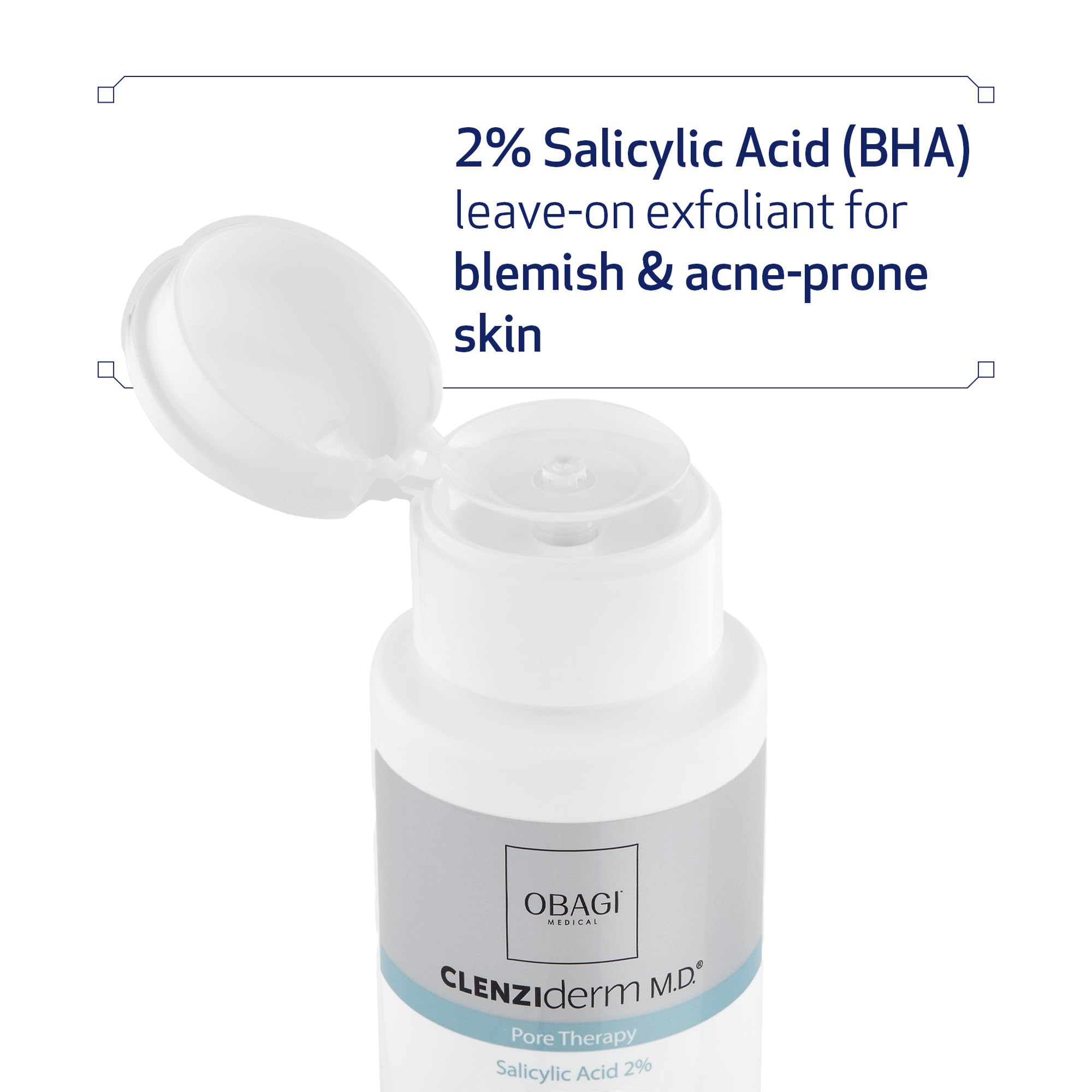 Obagi CLENZIderm M.D. Pore Therapy label closeup highlighting 2% salicylic acid for acne-prone skin.
