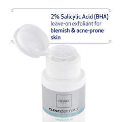 Obagi CLENZIderm M.D. Pore Therapy label closeup highlighting 2% salicylic acid for acne-prone skin.