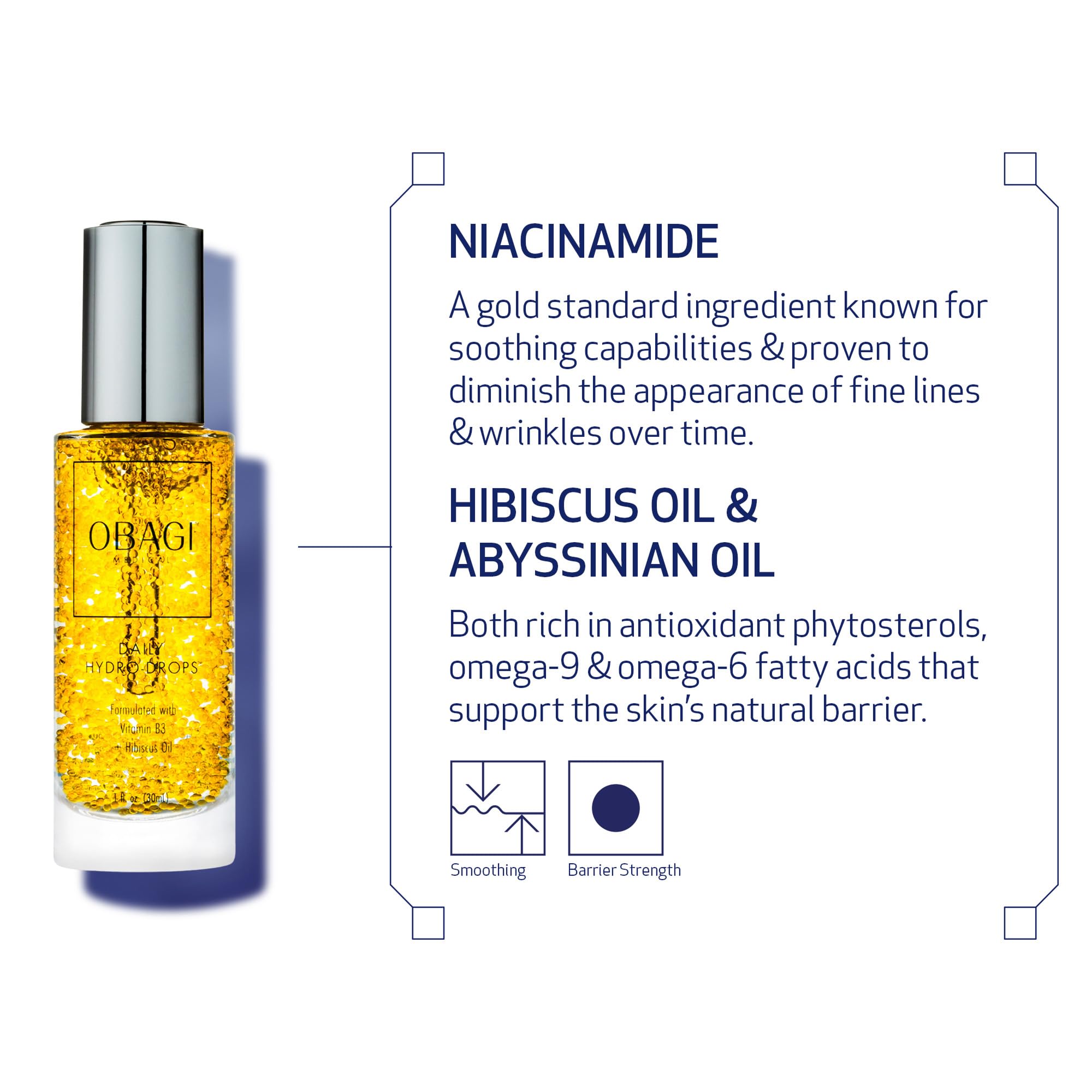 Obagi Daily Hydro-Drops ingredient panel features Niacinamide for balanced skin support.
