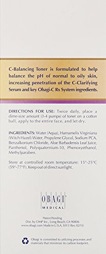Close-up of ingredients label on Obagi C-Balancing Toner bottle.
