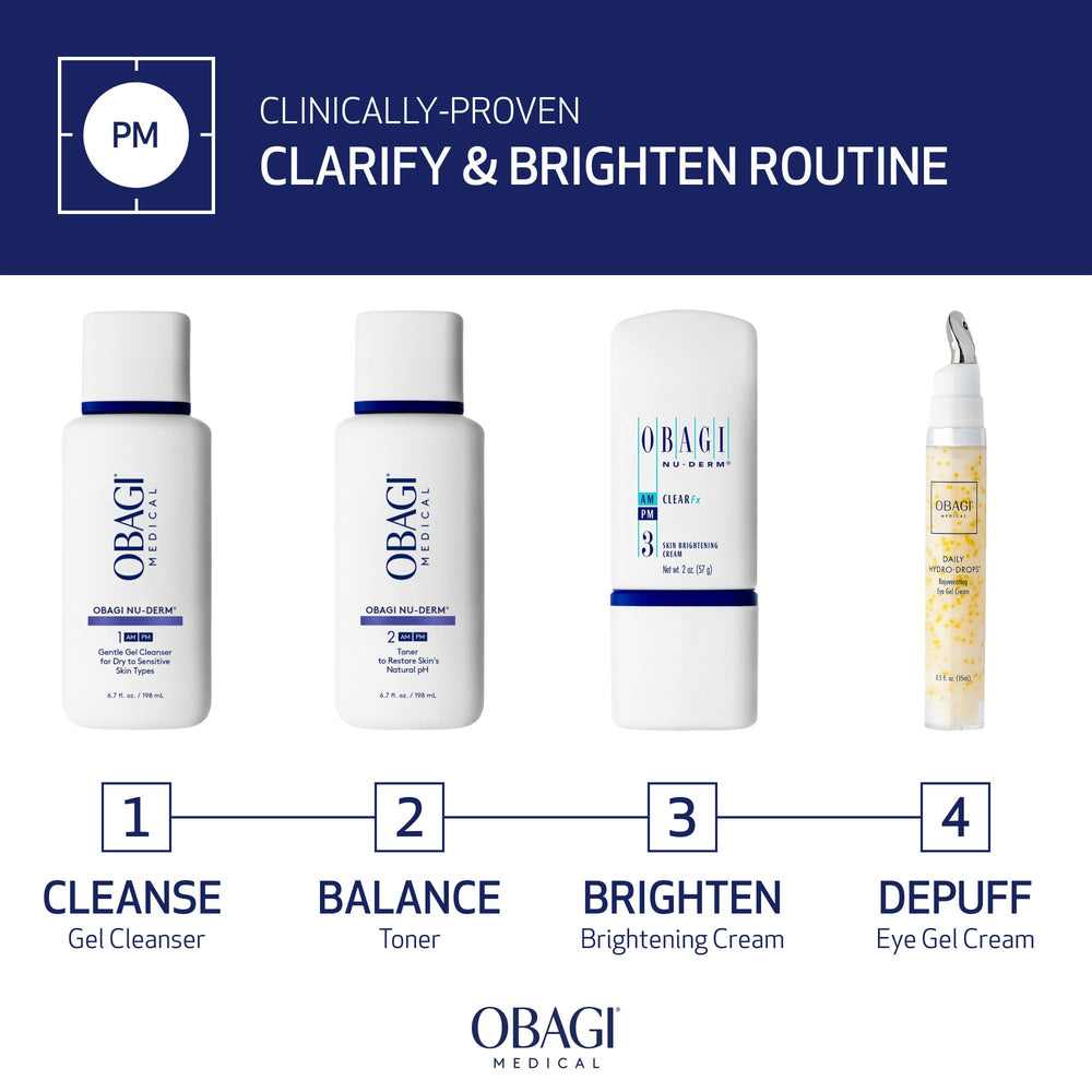 Obagi Nu-Derm Clear Fx system packaging illustrates a complete skincare routine.