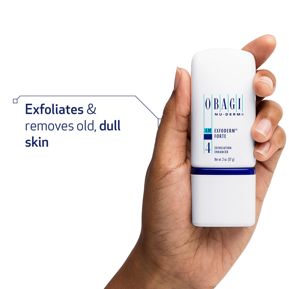 Exfoderm Forte lotion texture closeup highlights creamy formula for gentle renewal.