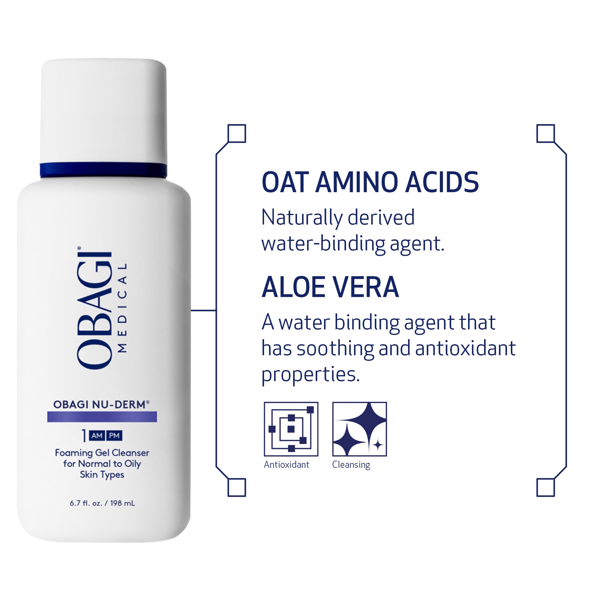 Obagi Nu-Derm Foaming Gel Cleanser bottle label detail signals dermatologist-tested quality.