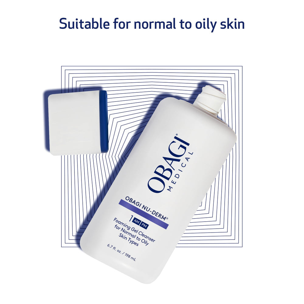 Obagi Nu-Derm Foaming Gel Cleanser applying foam on face during routine.