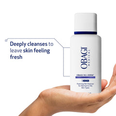 Obagi Nu-Derm Foaming Gel Cleanser applying on skin removes makeup.