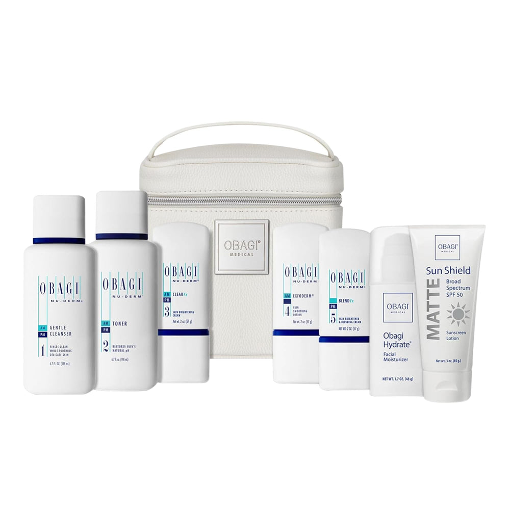Obagi Nu-Derm Fx balance bottle pour shows a balanced daily routine for normal to dry skin