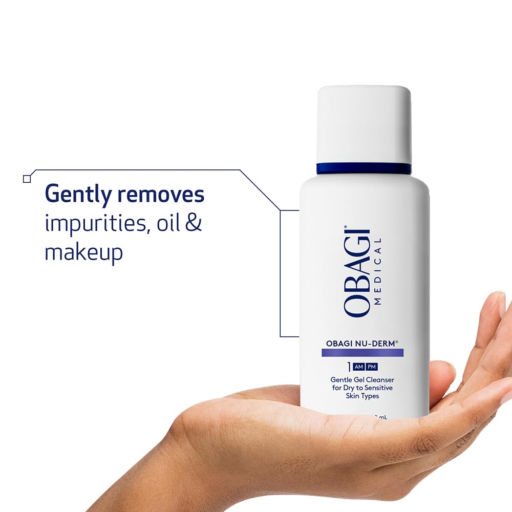 Back label of Obagi Nu-Derm Gentle Cleanser emphasizes skin-friendly ingredients.