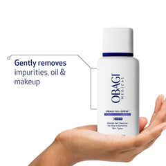 Back label of Obagi Nu-Derm Gentle Cleanser emphasizes skin-friendly ingredients.