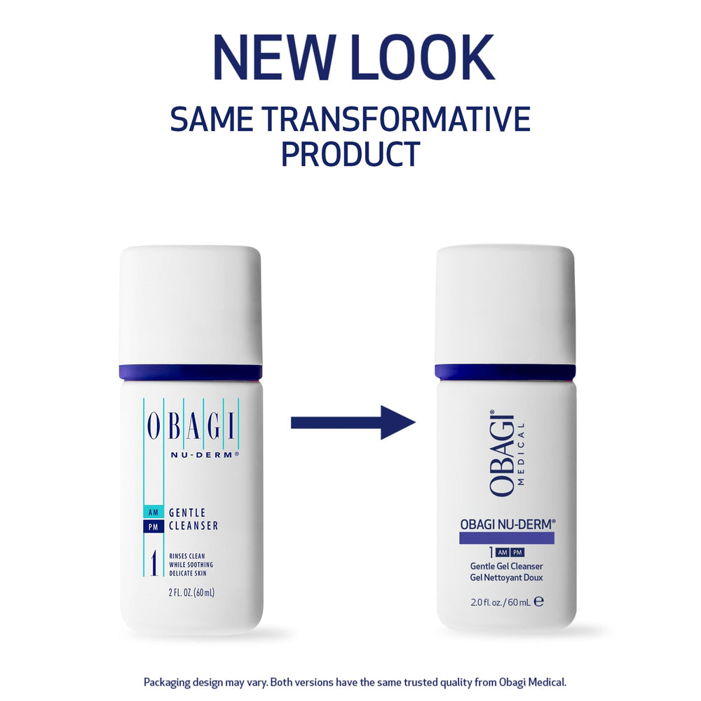 Obagi Nu-Derm Gentle Cleanser bottle back reveals gentle formula for sensitive skin.