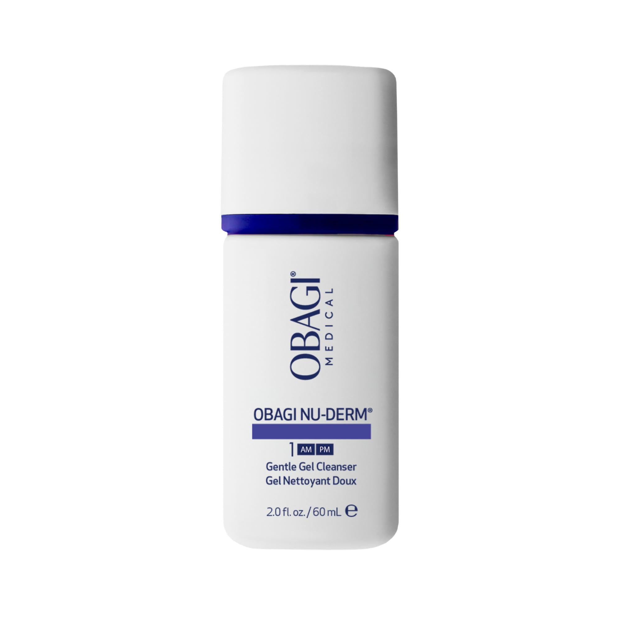 Obagi Nu-Derm Gentle Cleanser bottle front promotes a travel-friendly daily cleanse.