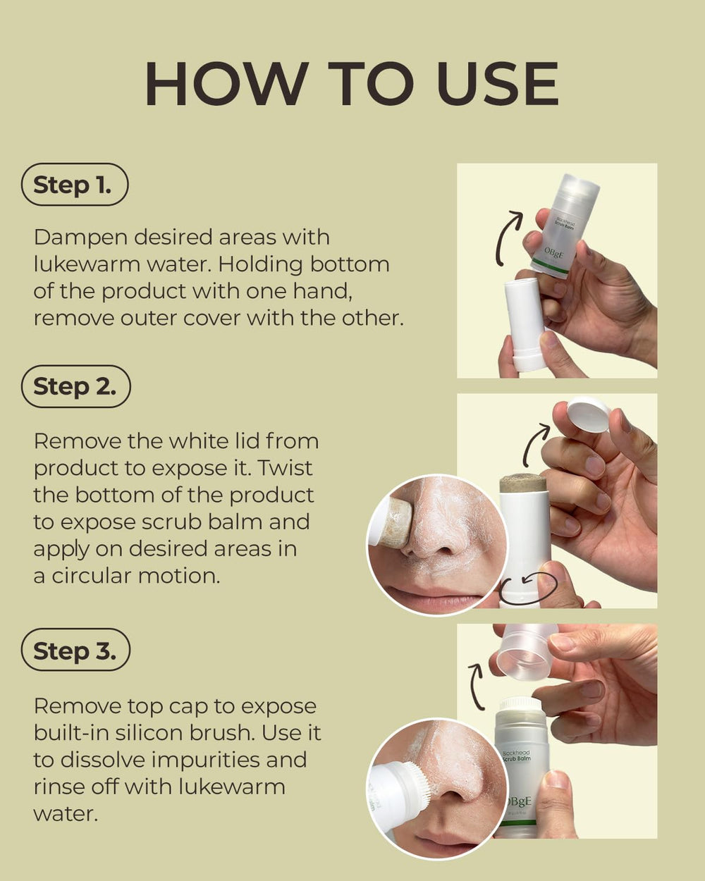 OBgE silicone brush with ultra-fine tips for gentle pore cleansing.