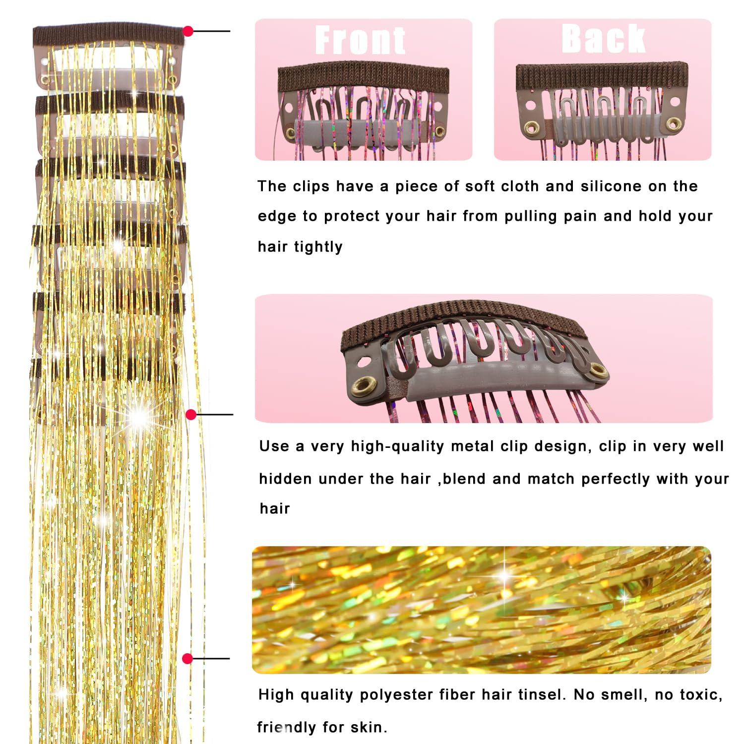 Colorful glitter tinsel strands blend with hair for a dazzling look.
