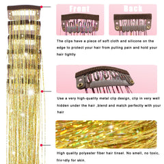 Colorful glitter tinsel strands blend with hair for a dazzling look.