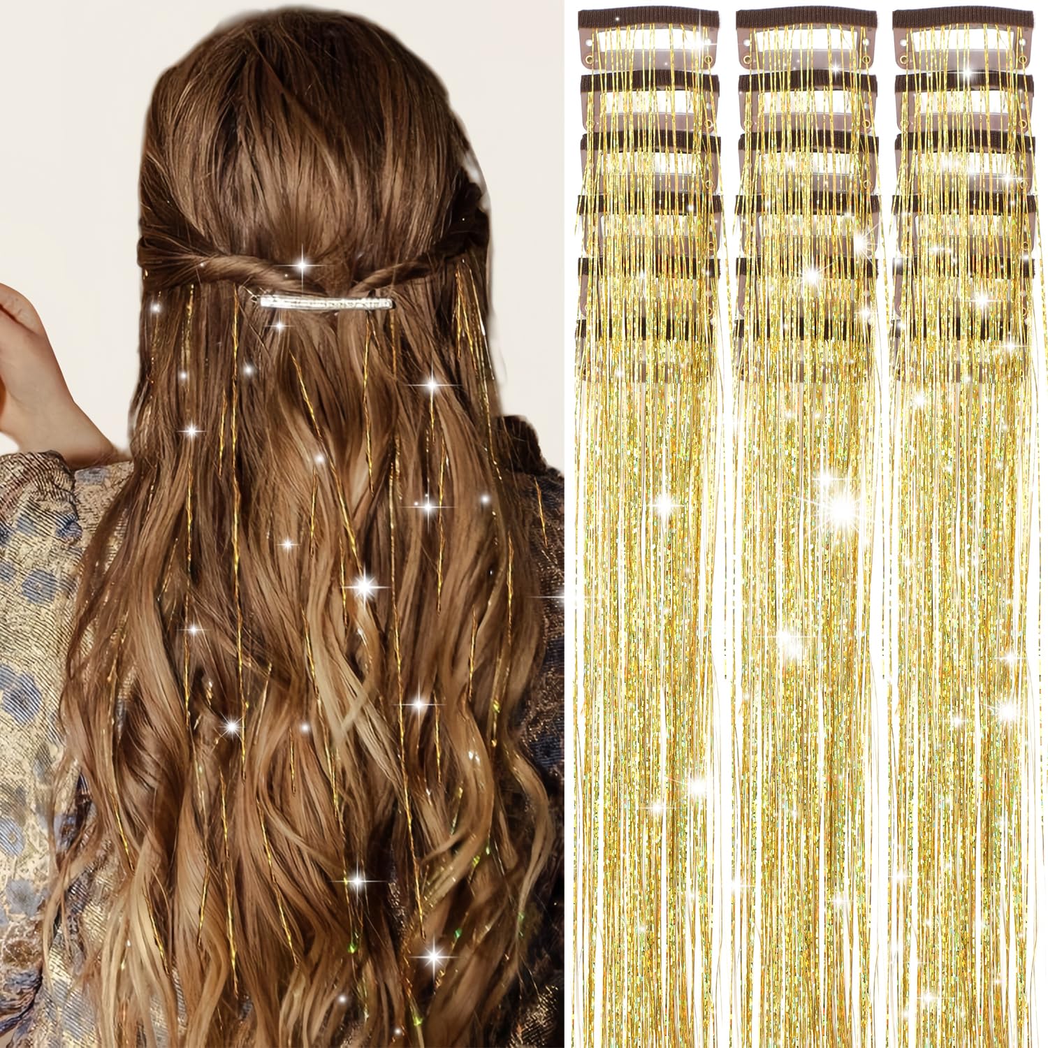 Obinying Hair Tinsel Pack with 18 clip-in strands adds instant sparkle to any hairstyle.