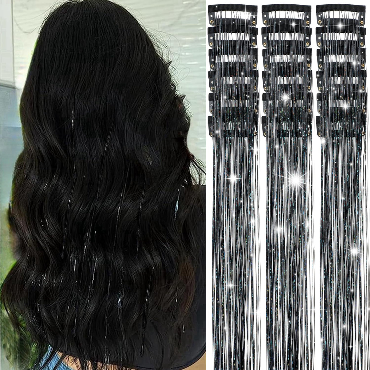 Obinying Hair Tinsel 18pcs glitter strands for a quick, sparkling festival look.