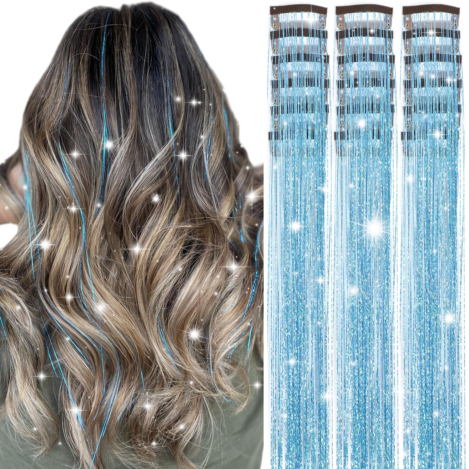 Obinying hair tinsel clip-in 20.5 inch length adds sparkling length for party looks.