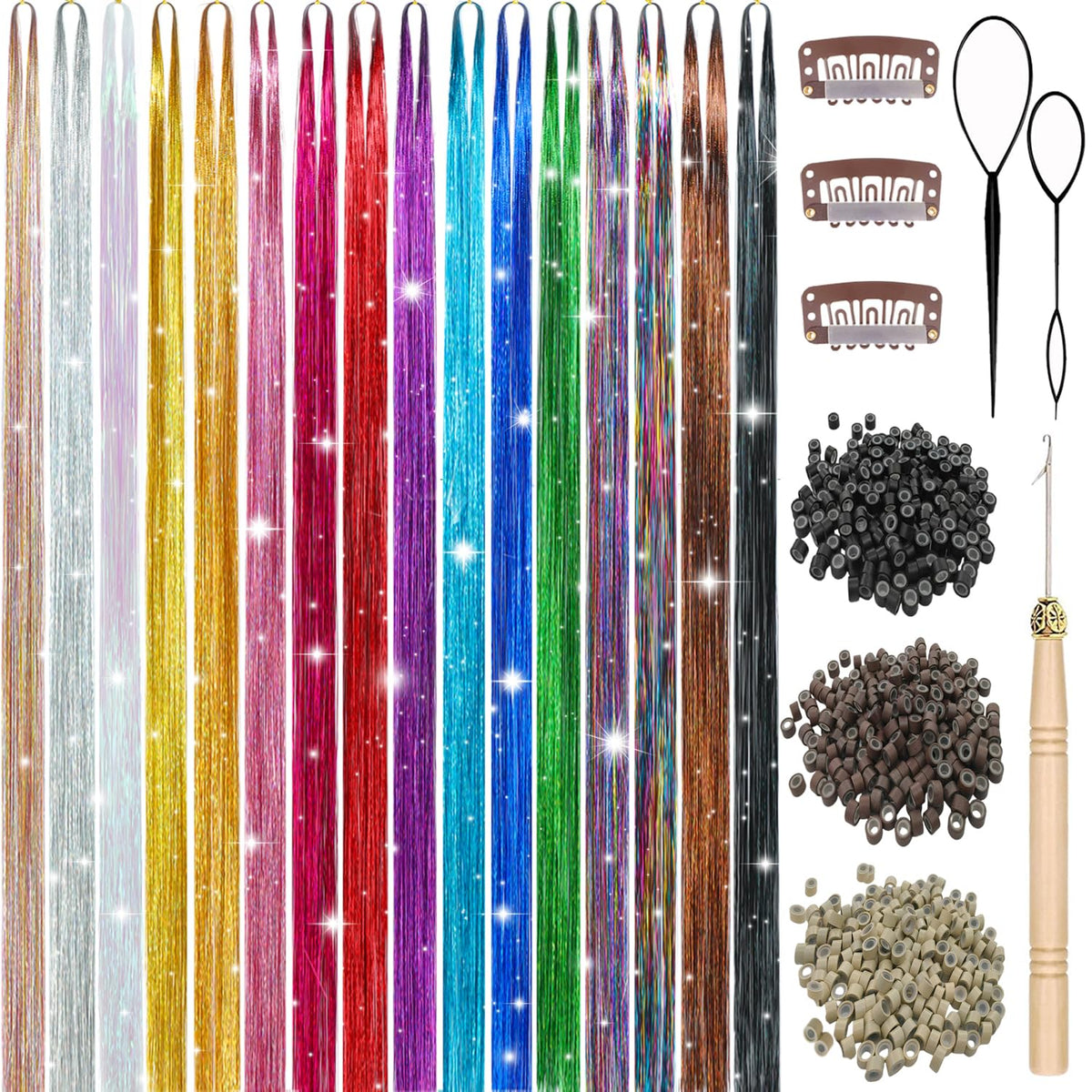 Obinying hair tinsel kit with 16-color palette for vibrant festival looks.