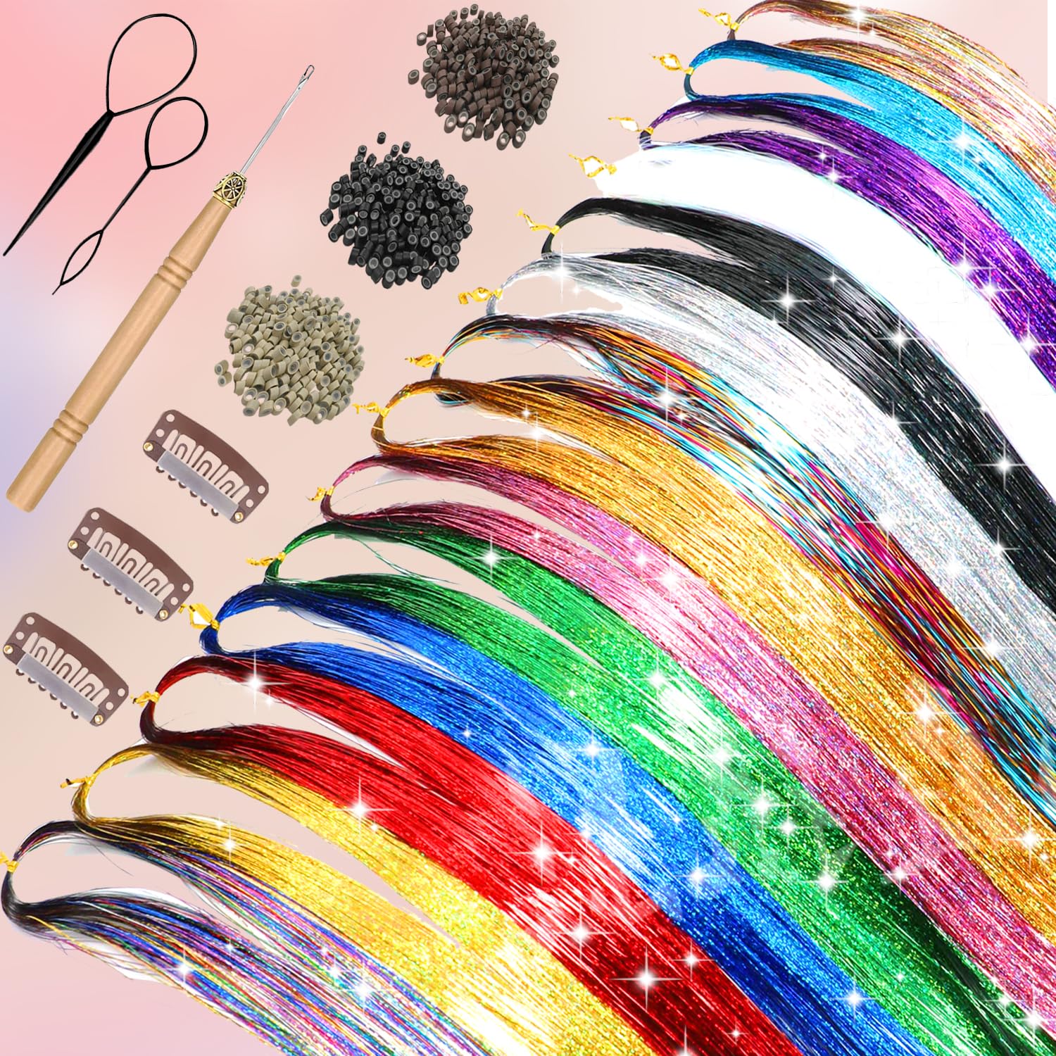 48-inch tinsel strands length suits most hair lengths for easy styling.