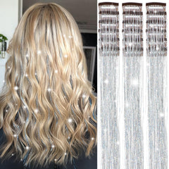 Obinying hair tinsel pack silver clip-in extensions sparkle in light for a festival look