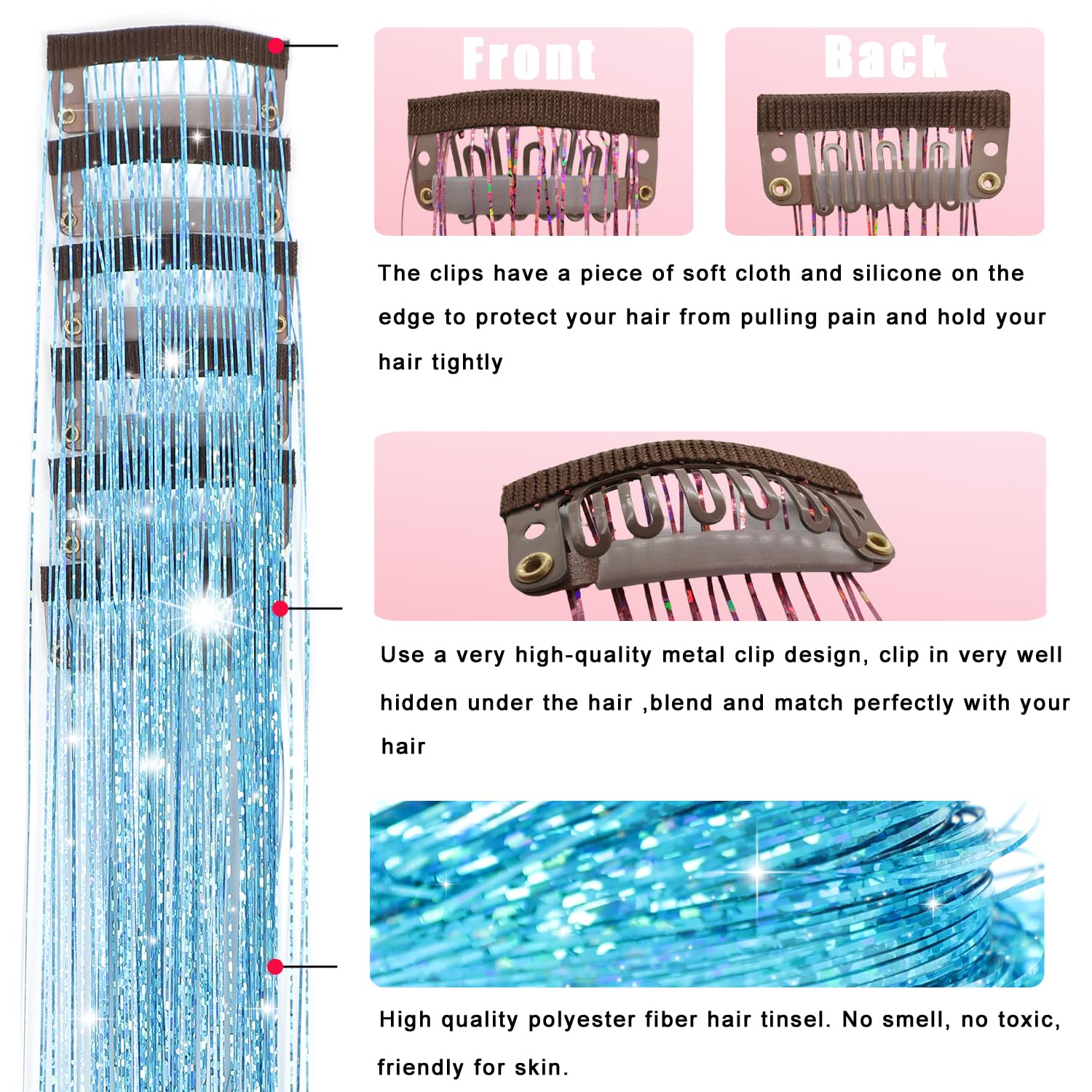 Obinying pink-gold rainbow tinsel clip-in offers color variety for bold looks.